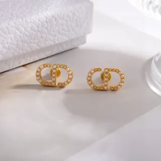Gold-Tone Pearl-Embellished Interlocking C-D Motif Stud Earrings