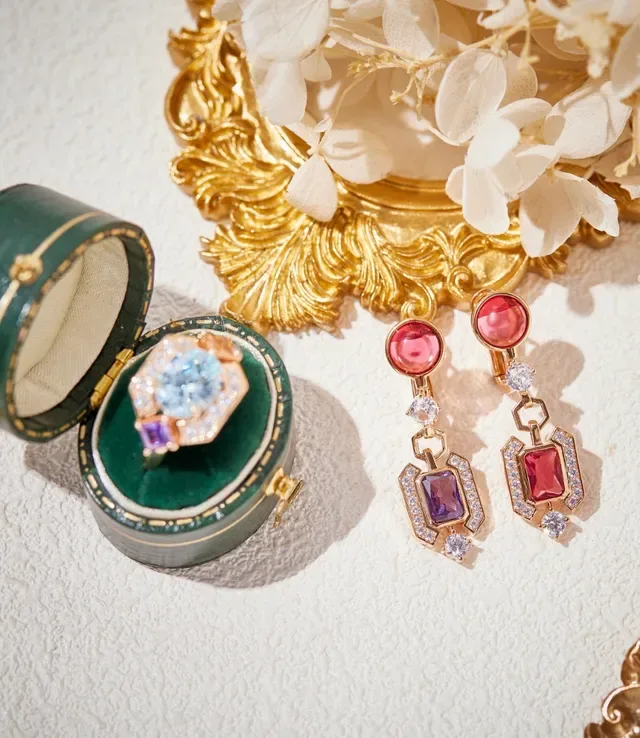 Gold-Tone Pink and Purple Multi-Gemstone Drop Earrings 2