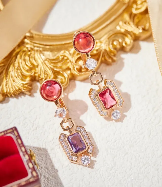 Gold-Tone Pink and Purple Multi-Gemstone Drop Earrings 3