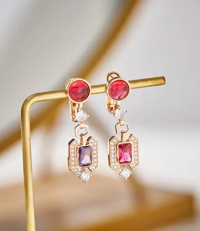 Gold-Tone Pink and Purple Multi-Gemstone Drop Earrings 4