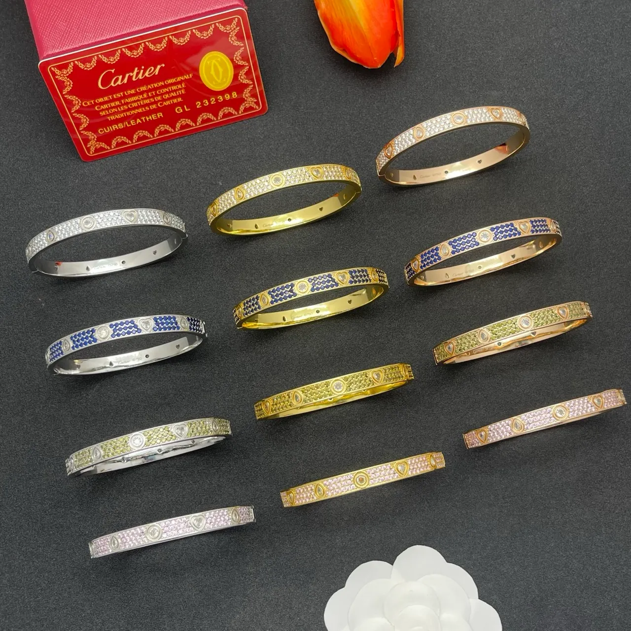Gold-Tone Pink Pavé Heart and Circle Motif Bangle Bracelet 2