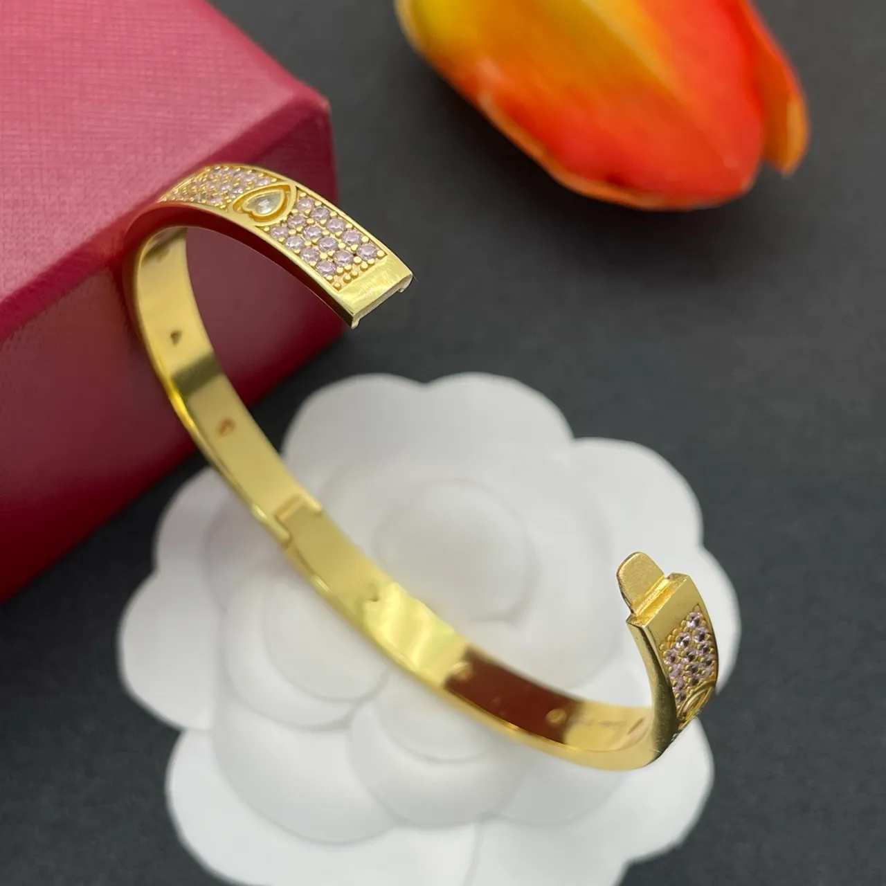 Gold-Tone Pink Pavé Heart and Circle Motif Bangle Bracelet 4