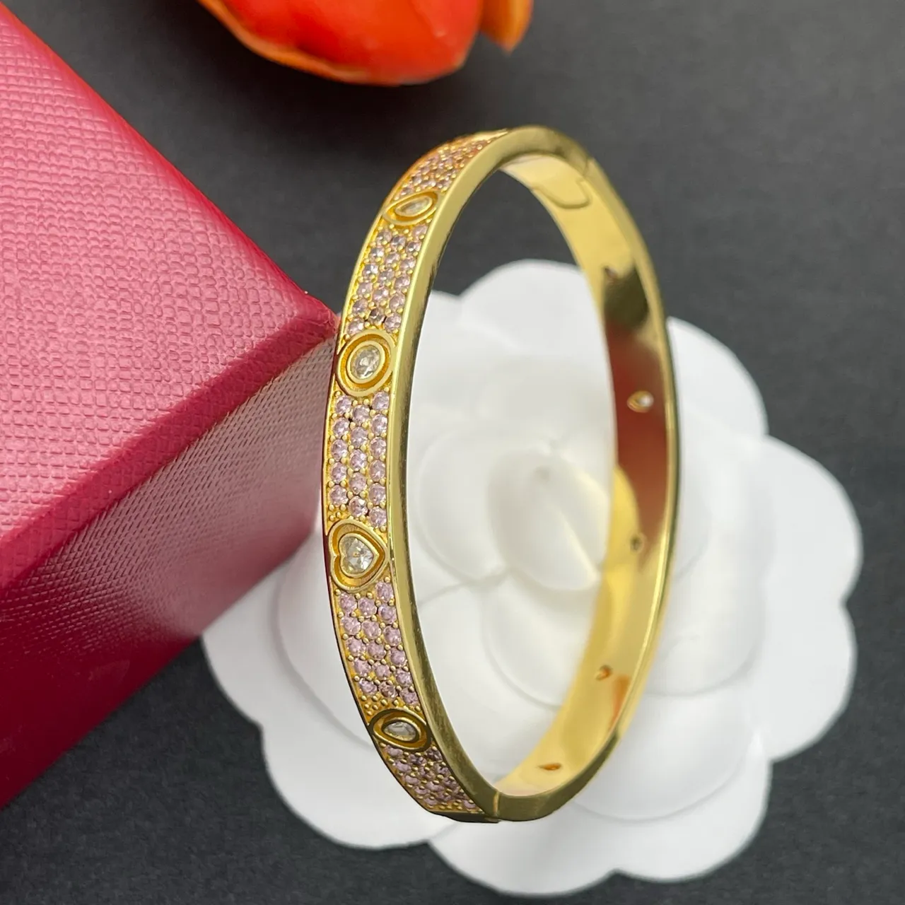 Gold-Tone Pink Pavé Heart and Circle Motif Bangle Bracelet 5