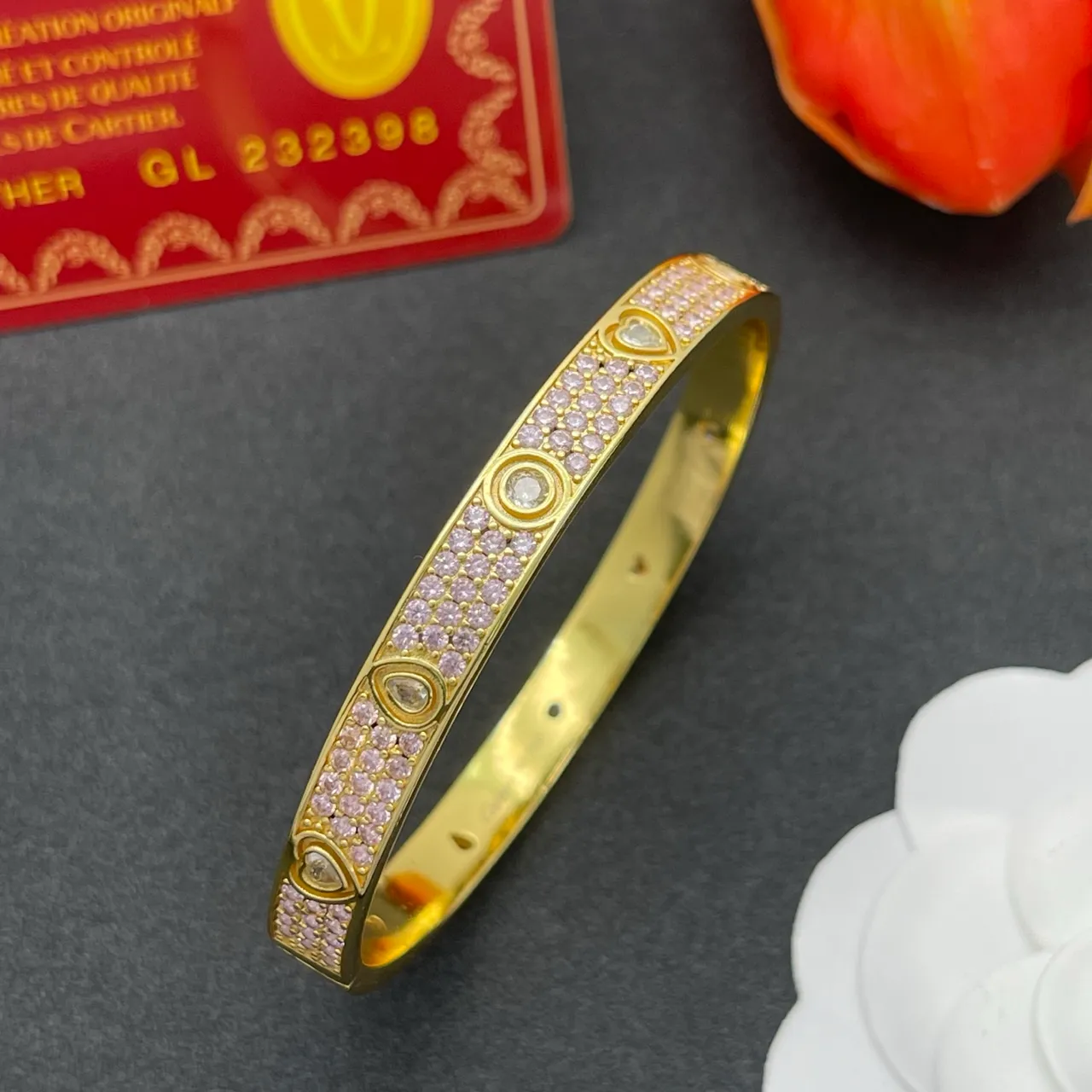 Gold-Tone Pink Pavé Heart and Circle Motif Bangle Bracelet 6