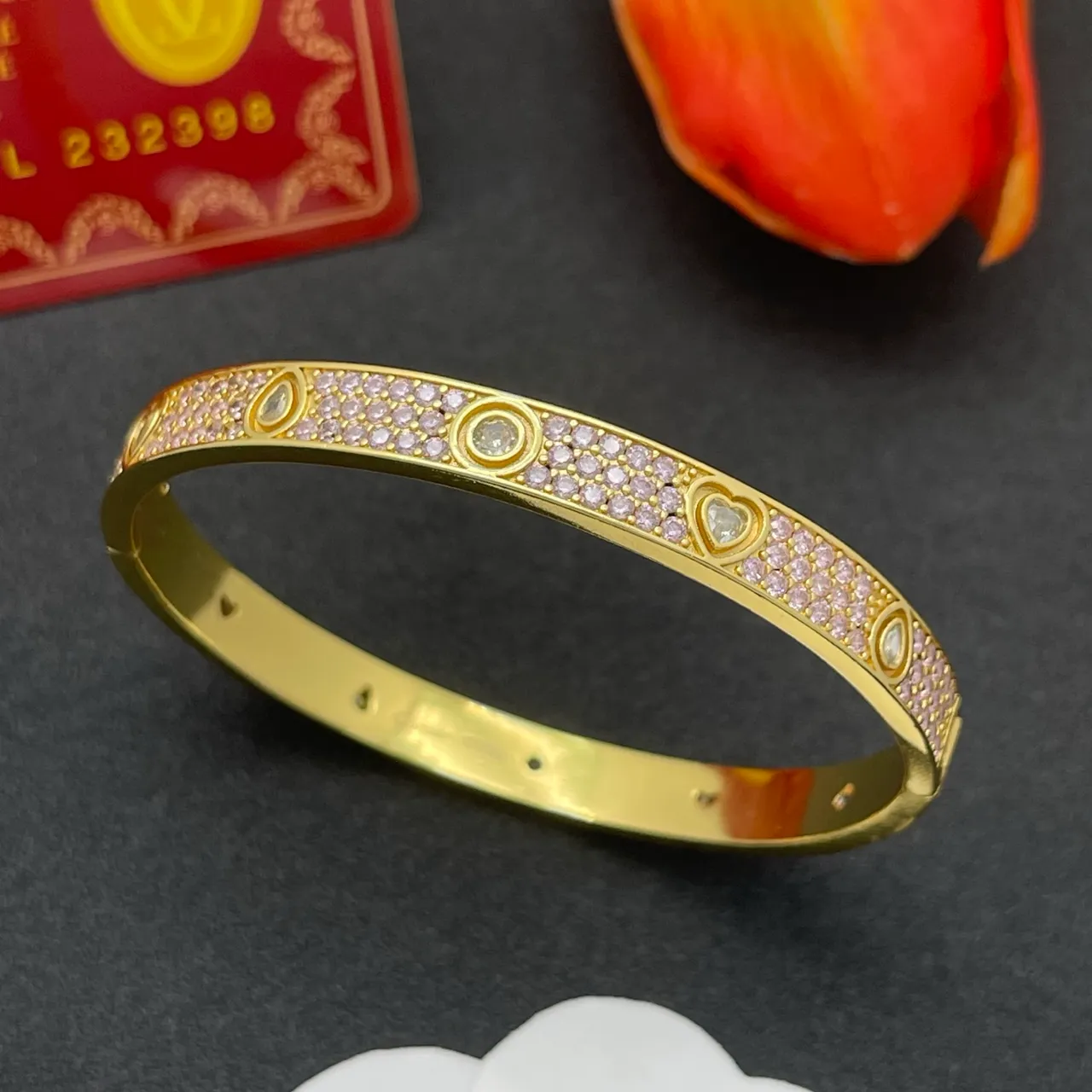 Gold-Tone Pink Pavé Heart and Circle Motif Bangle Bracelet 7