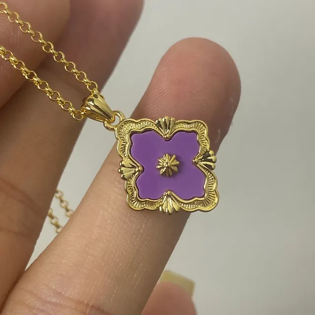 Gold-Tone Purple Enamel Flower Quatrefoil Pendant Necklaces 3