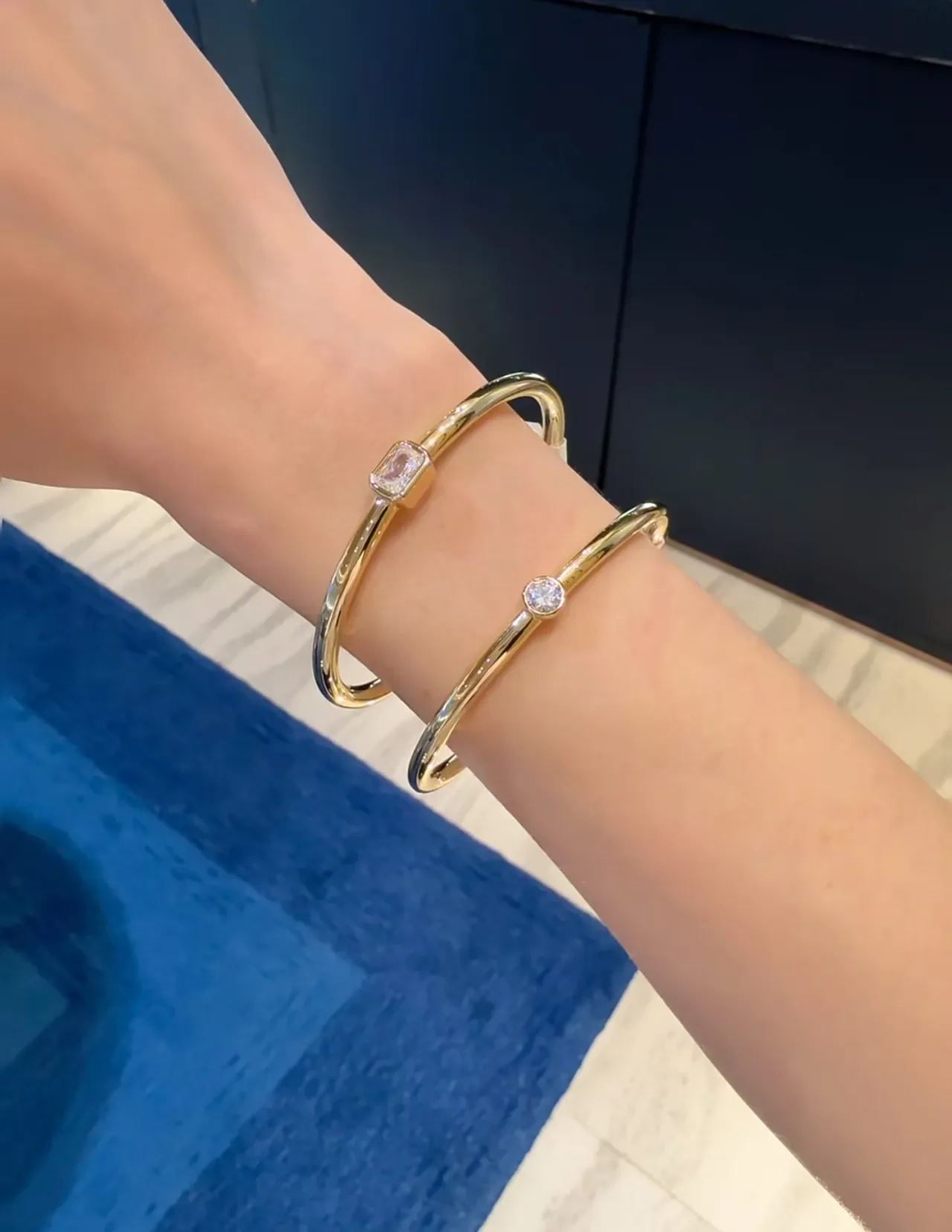 Gold-Tone Single Square-Cut Stone Bangle Bracelet 4