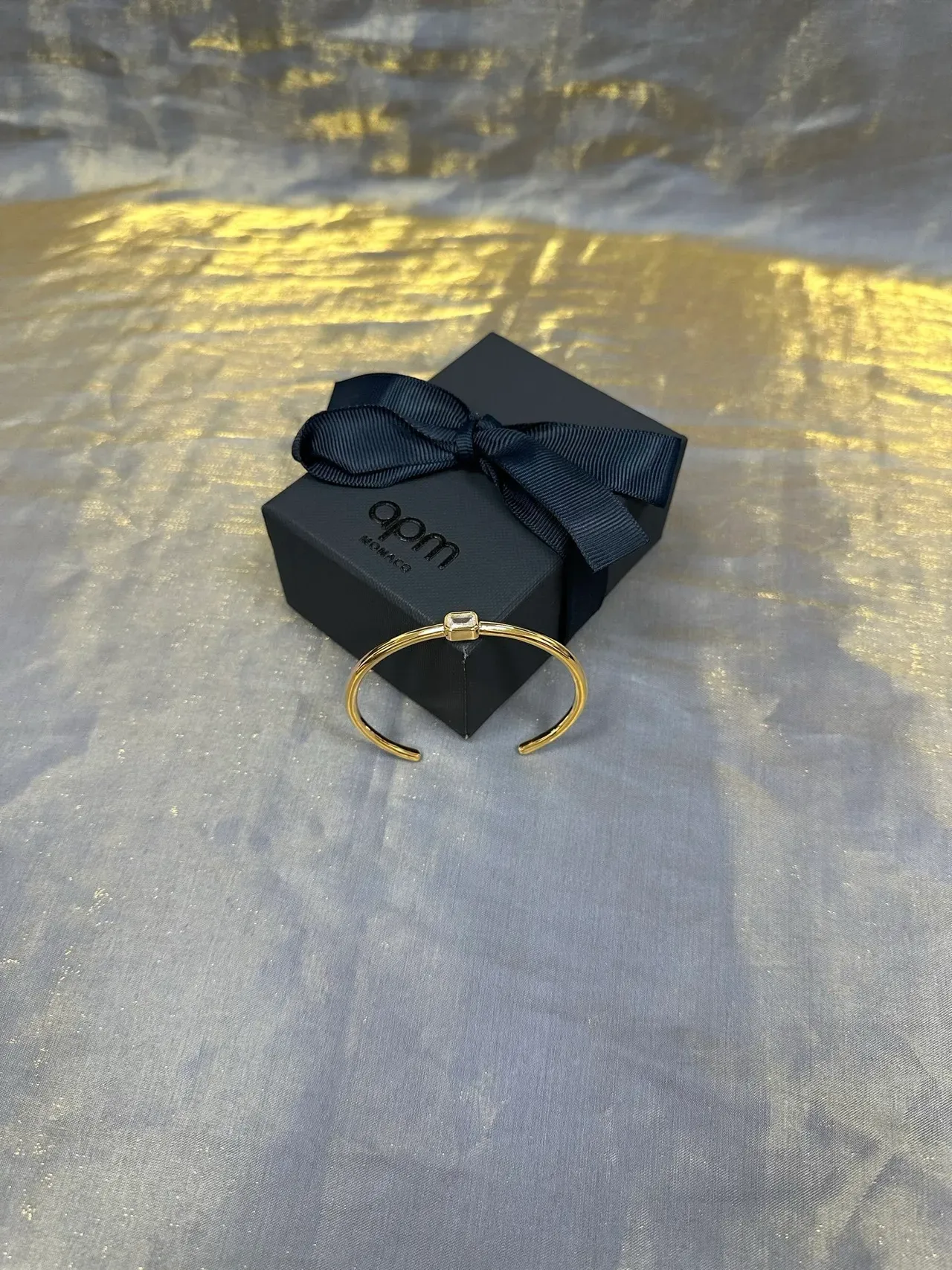 Gold-Tone Single Square-Cut Stone Bangle Bracelet 7