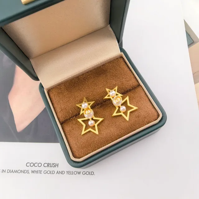 Gold-Tone Star Outline Pearl Earrings 2