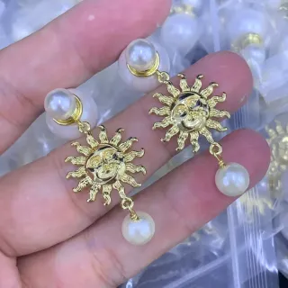 Gold-Tone Sun Face and Pearl Dangling Earrings