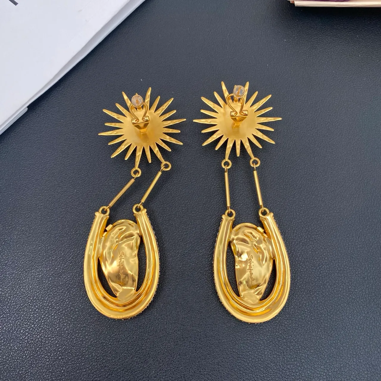 Gold-Tone Sunburst Pearl and Crystal Teardrop Dangle Earrings 2