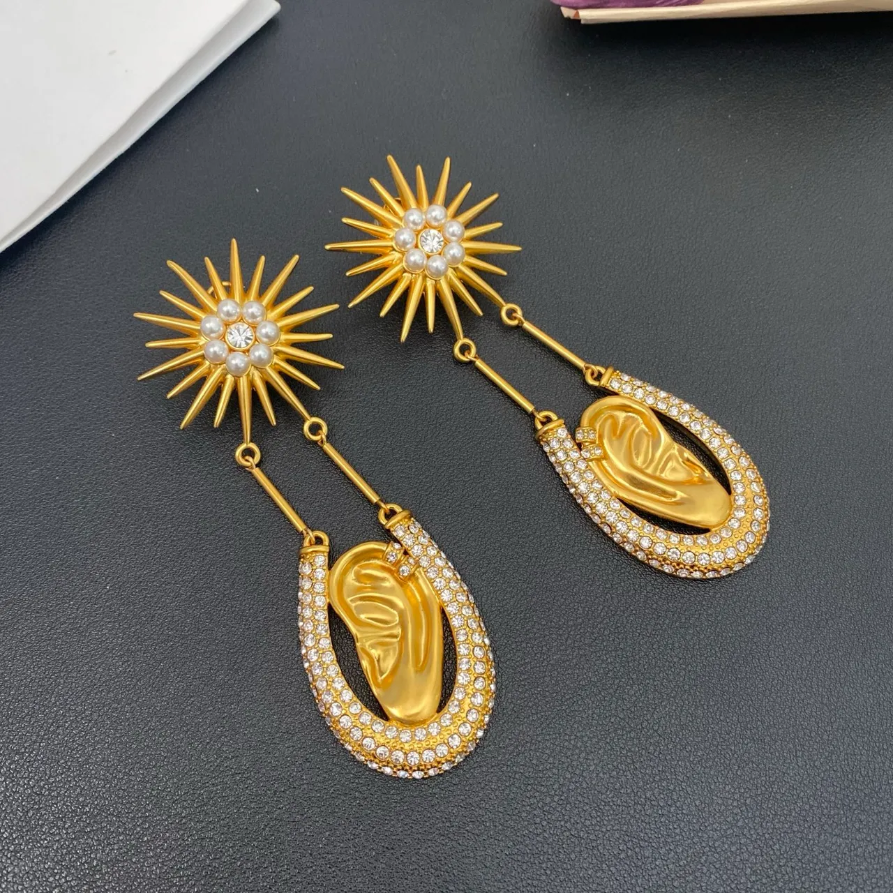 Gold-Tone Sunburst Pearl and Crystal Teardrop Dangle Earrings 3