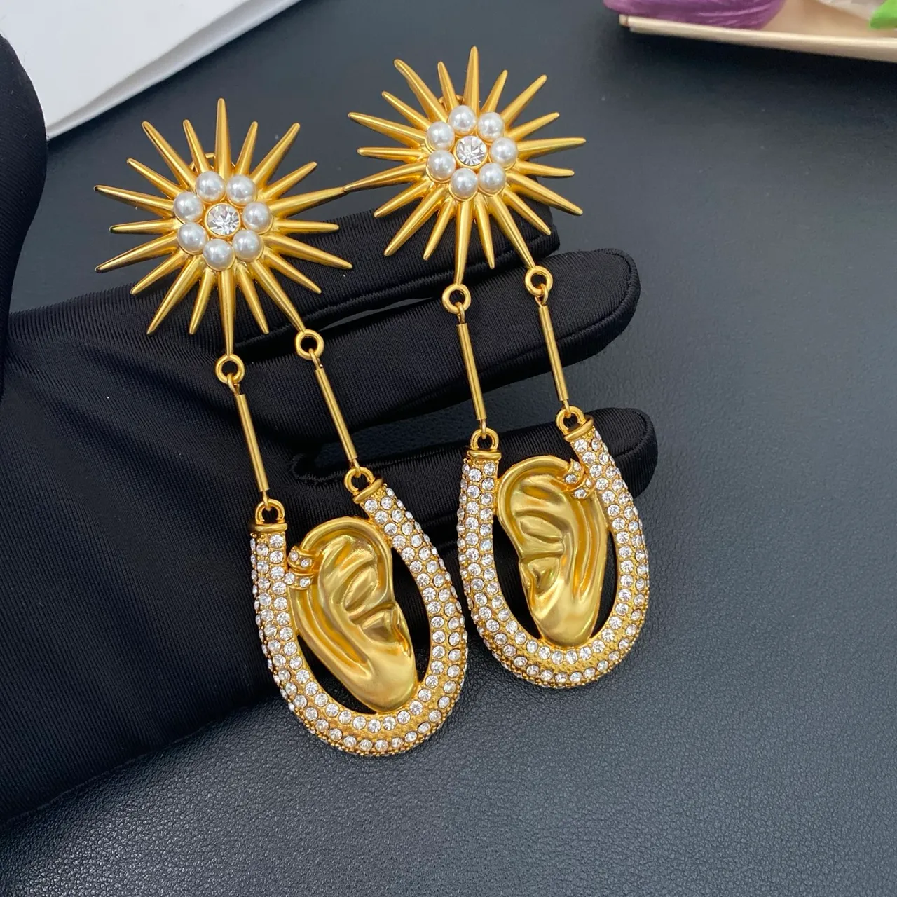 Gold-Tone Sunburst Pearl and Crystal Teardrop Dangle Earrings 4