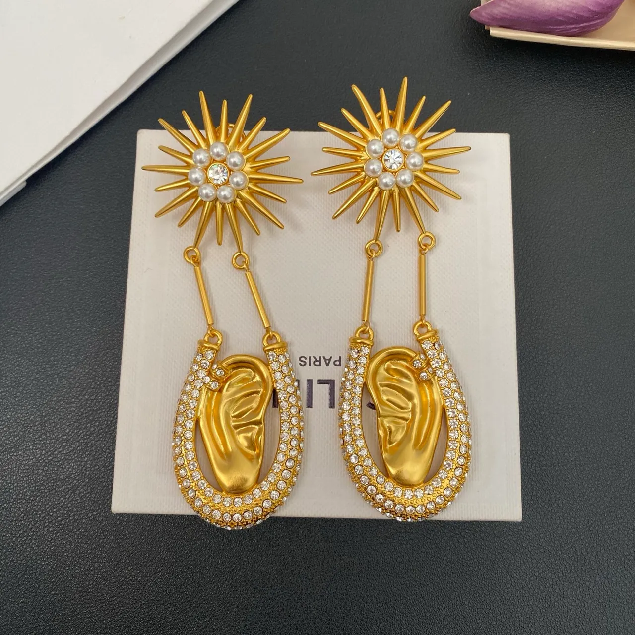Gold-Tone Sunburst Pearl and Crystal Teardrop Dangle Earrings 5