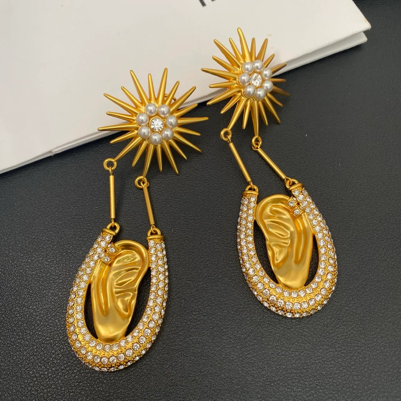 Gold-Tone Sunburst Pearl and Crystal Teardrop Dangle Earrings 6