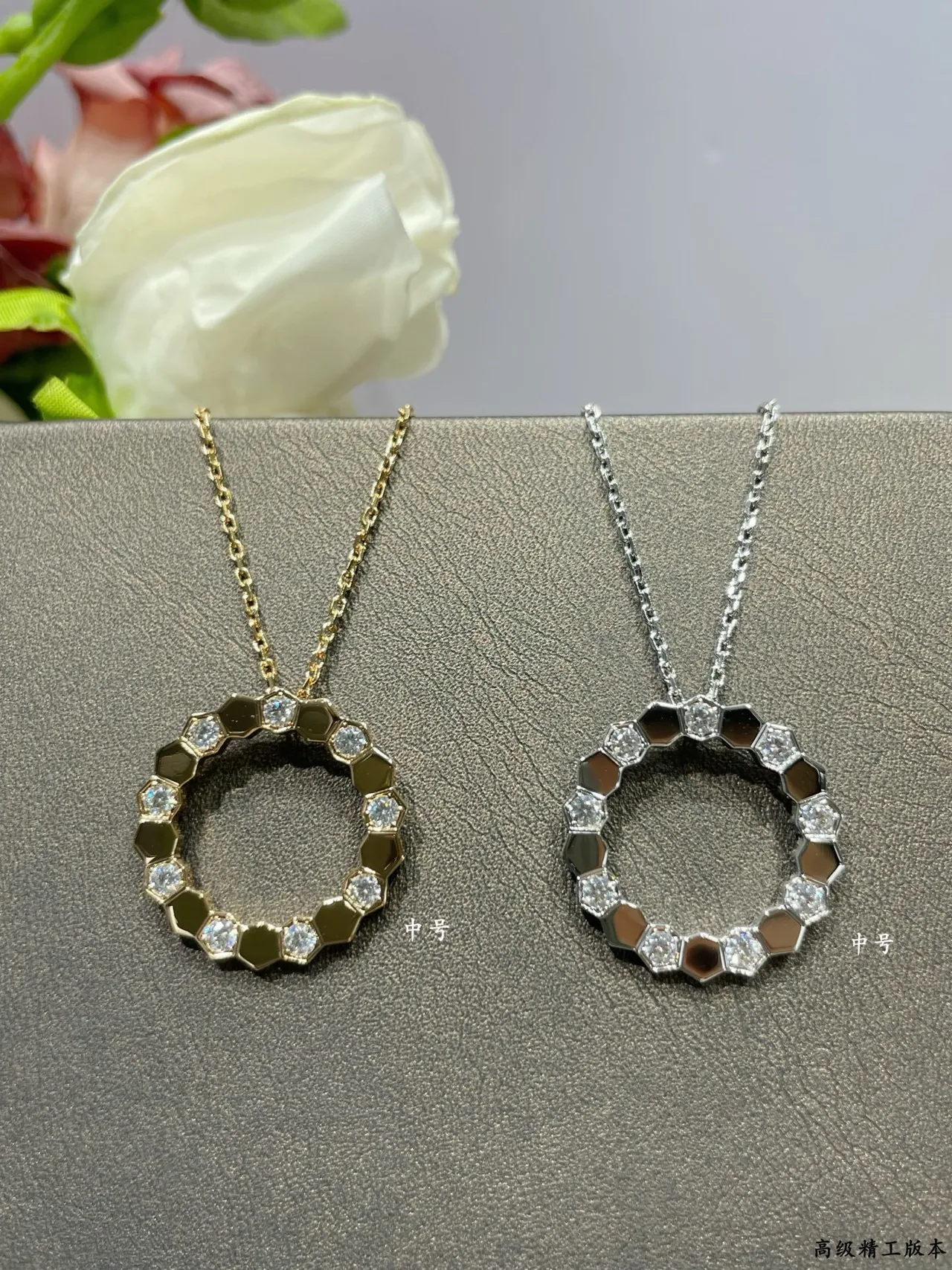 Gold White Circular Openwork Pendant Geometric Hexagonal Bezel Necklace 5