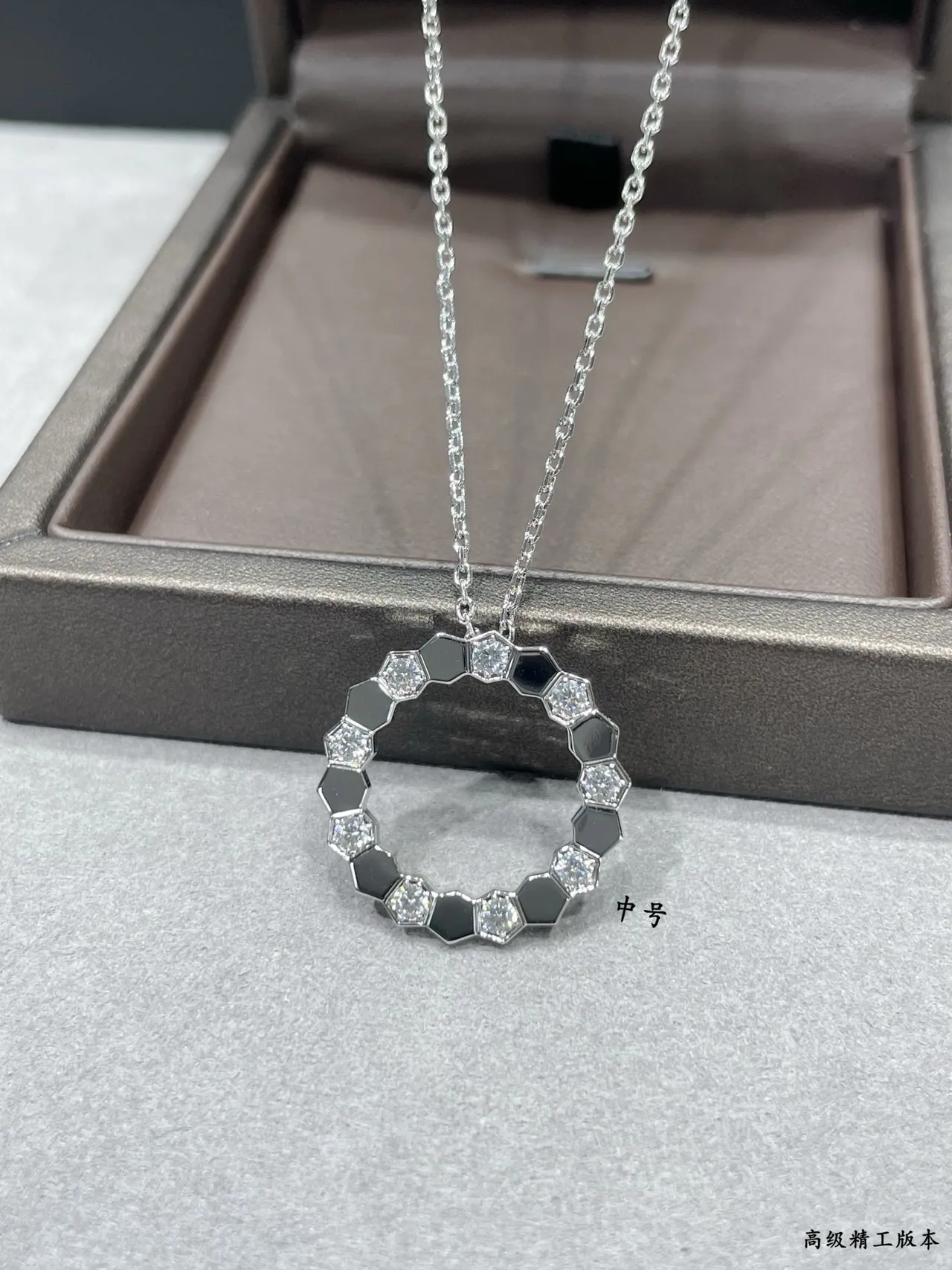 Gold White Circular Openwork Pendant Geometric Hexagonal Bezel Necklace 6