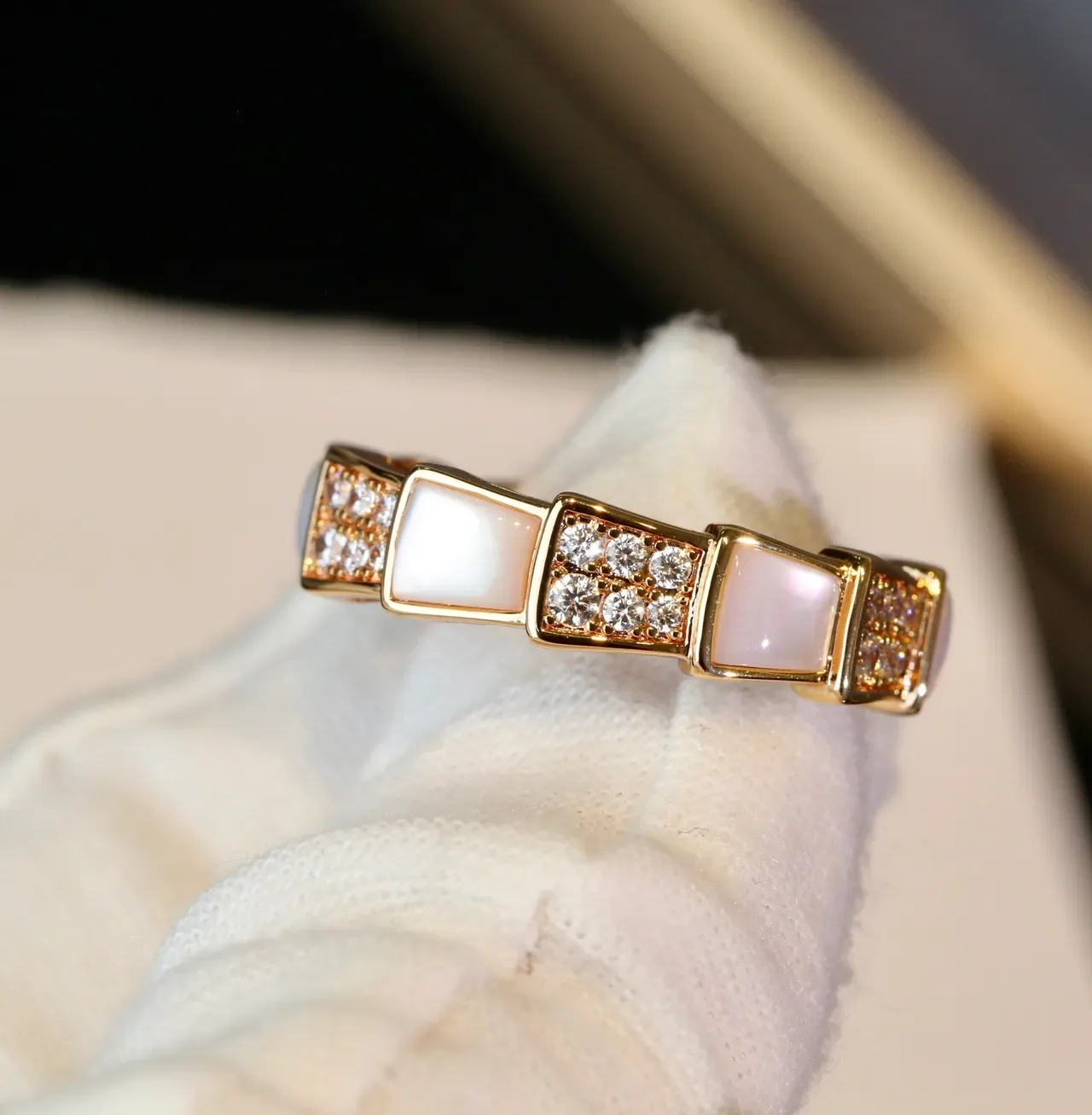 Gold White Geometric Segmented Band Pavé-Set Crystals Ring 4