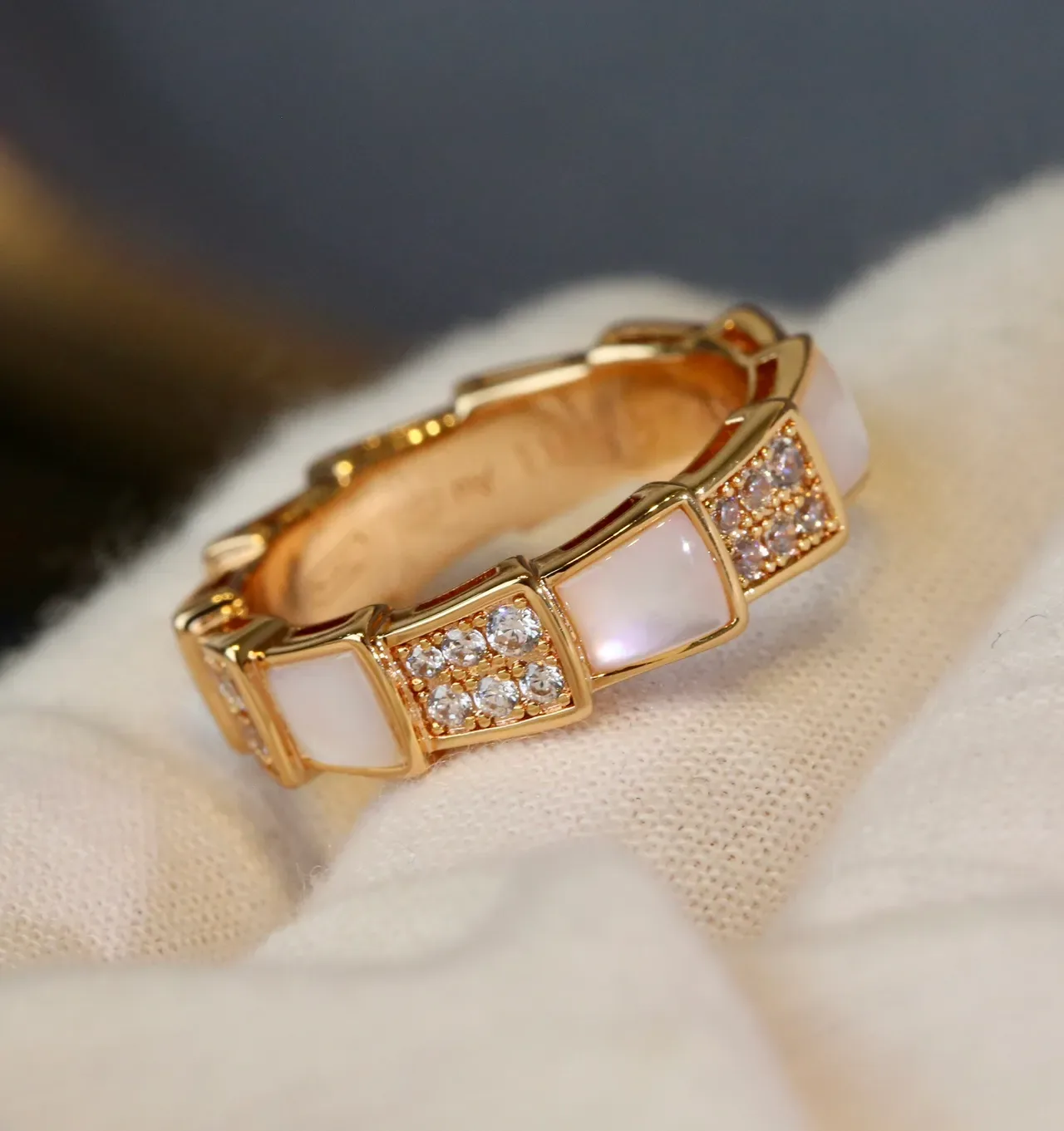 Gold White Geometric Segmented Band Pavé-Set Crystals Ring 7