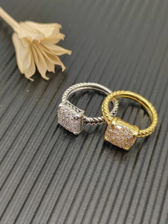 Gold White Pavé-Set Square Face Twisted Rope Band Ring 3