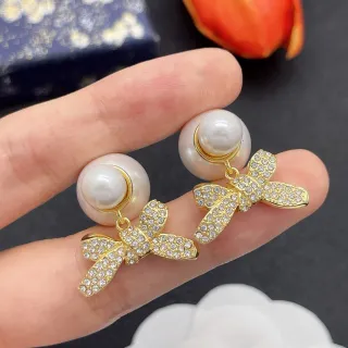 Gold White Pearl Stud Crystal-Embellished Bow Earrings