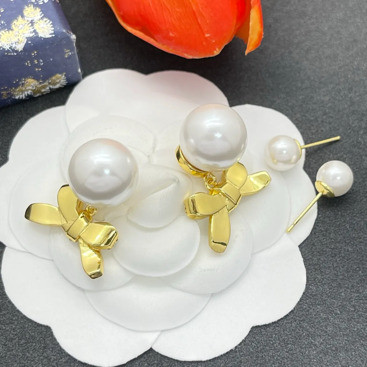 Gold White Pearl Stud Crystal-Embellished Bow Earrings 3