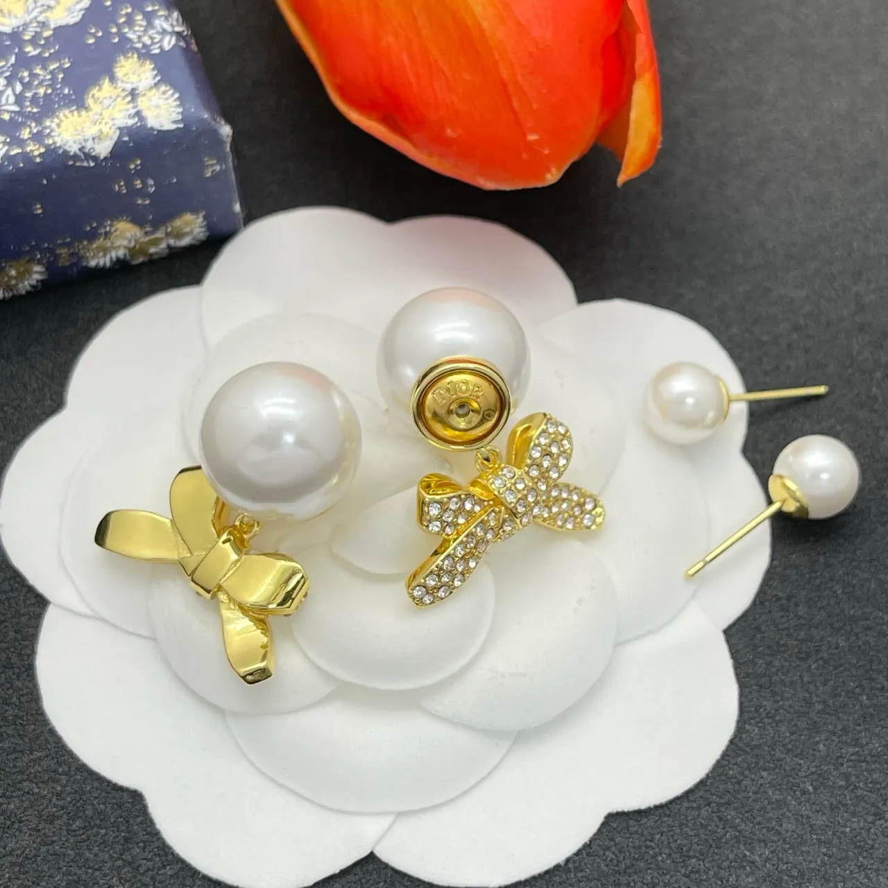 Gold White Pearl Stud Crystal-Embellished Bow Earrings 4