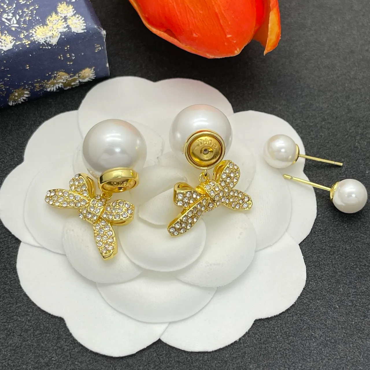 Gold White Pearl Stud Crystal-Embellished Bow Earrings 5