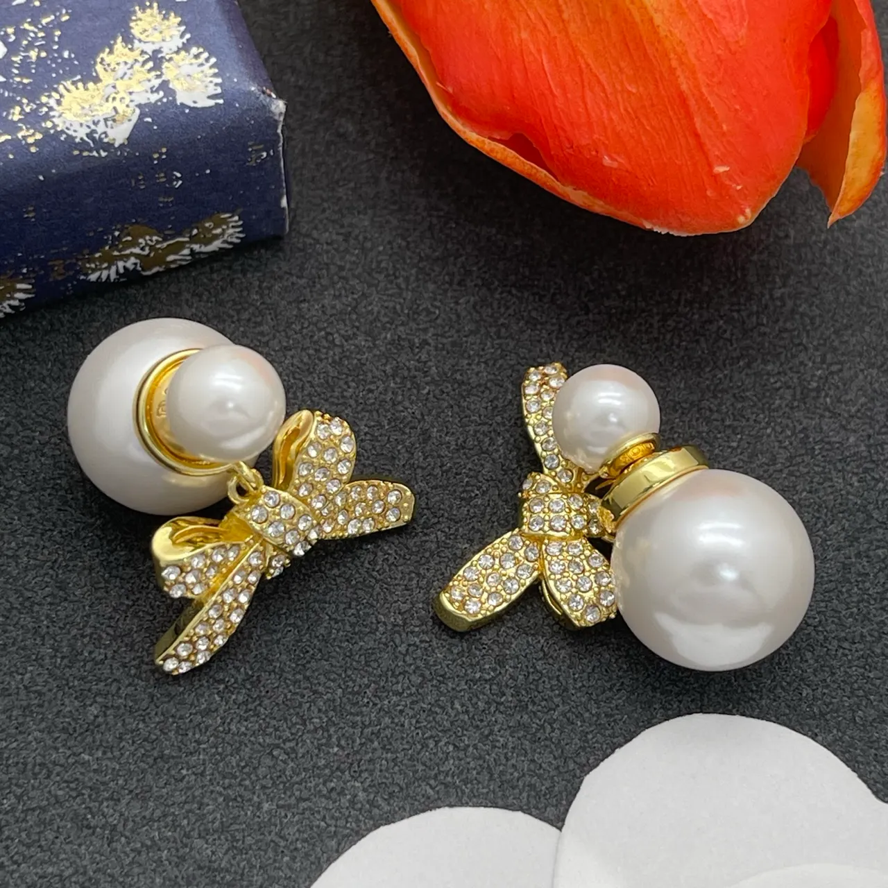 Gold White Pearl Stud Crystal-Embellished Bow Earrings 6