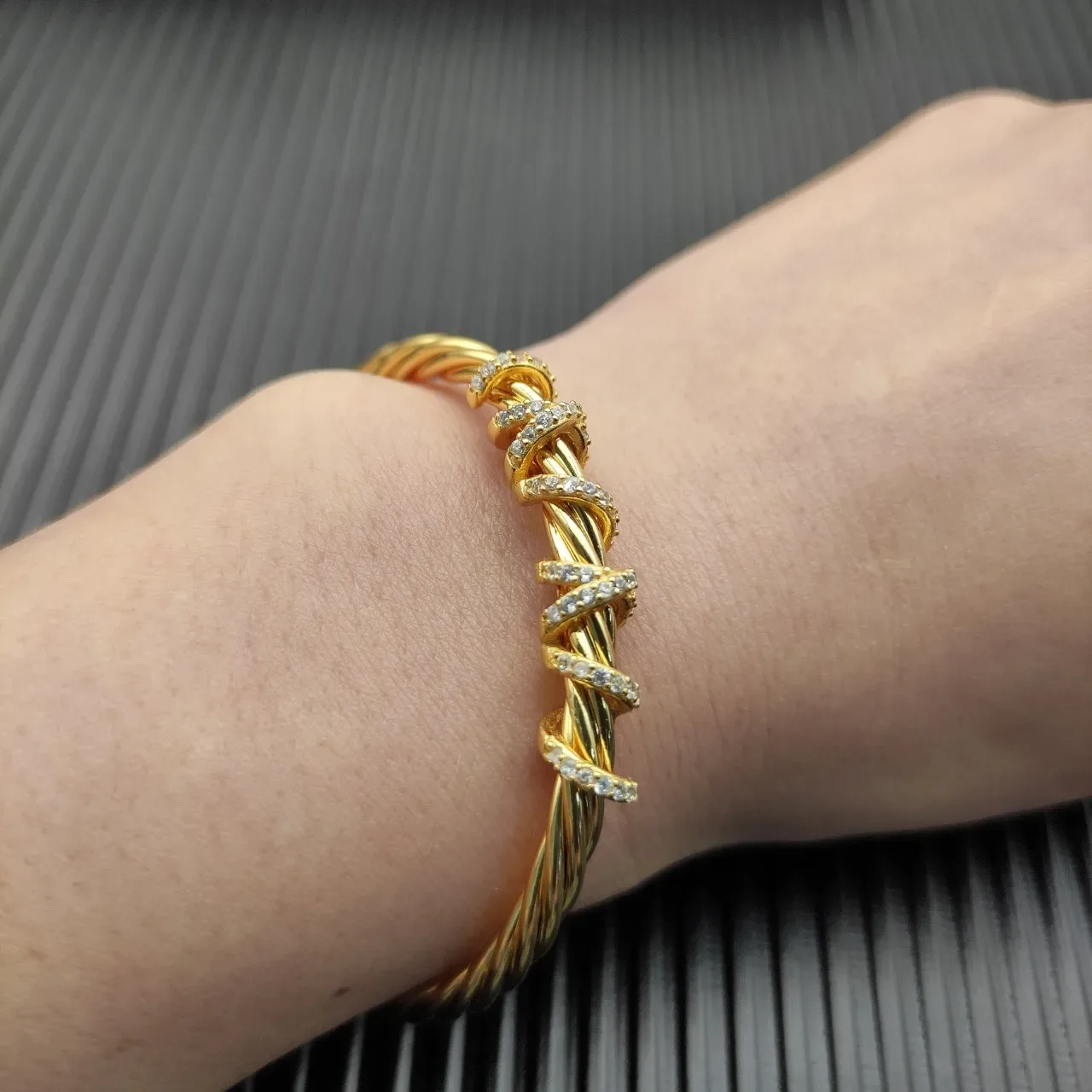 Gold White Twisted Wire Cuff Bracelet 3