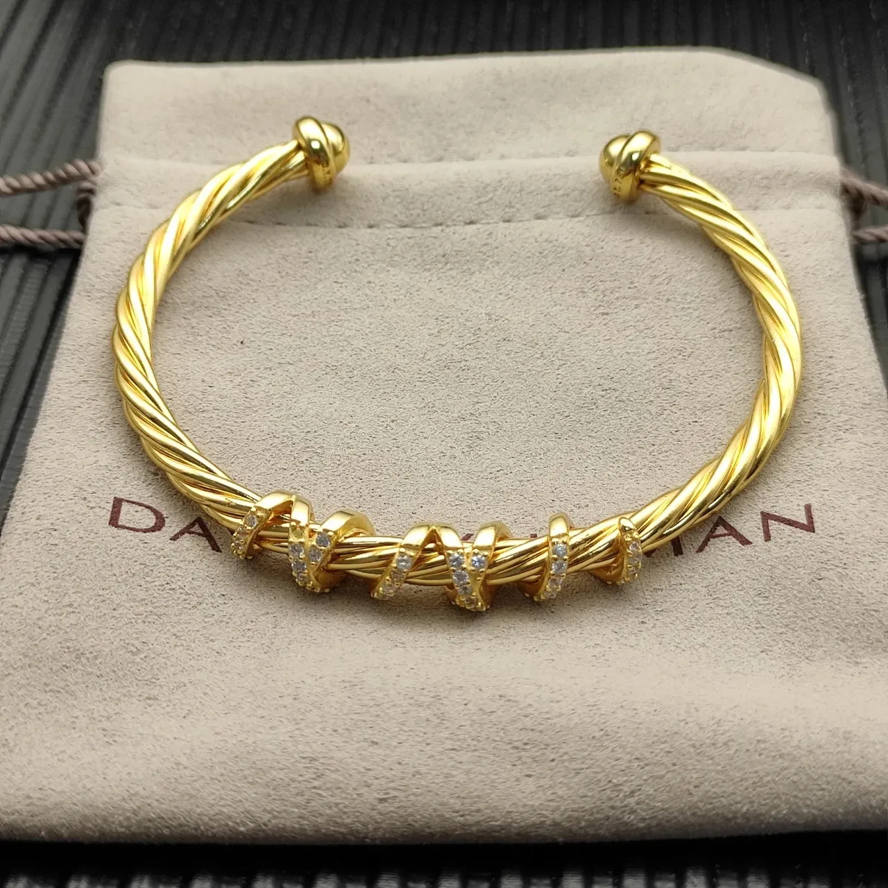 Gold White Twisted Wire Cuff Bracelet 6