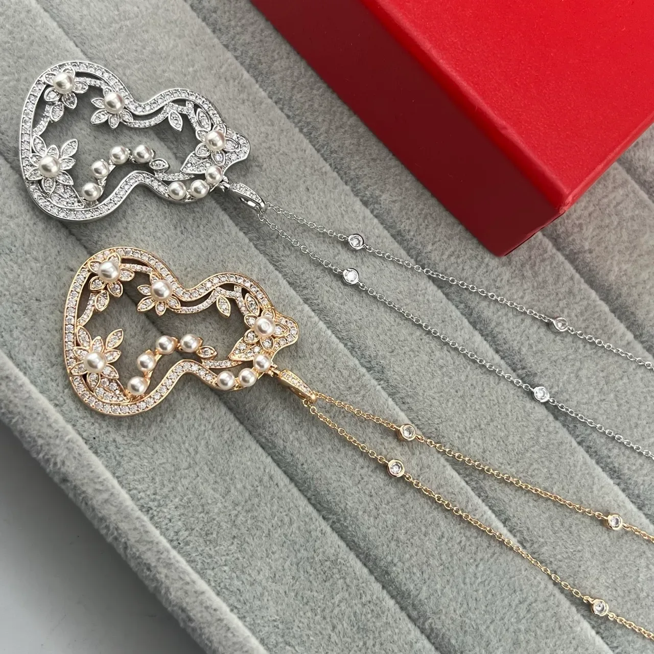 Gourd-Shaped Floral Pearl and Pavé Pendant Necklaces 6