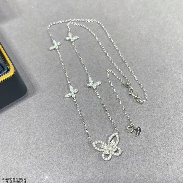 Graff Five Butterfly Silver White Pavé-Set Pendant Design Necklace 3