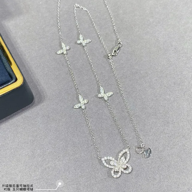 Graff Five Butterfly Silver White Pavé-Set Pendant Design Necklace 4