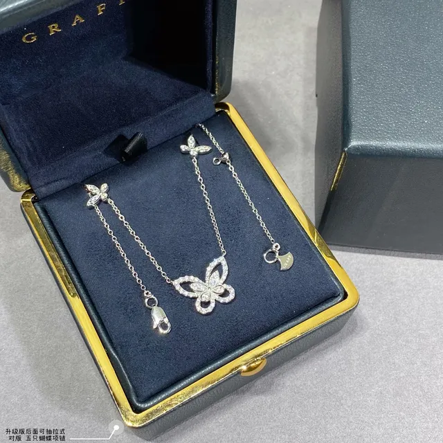 Graff Five Butterfly Silver White Pavé-Set Pendant Design Necklace 7