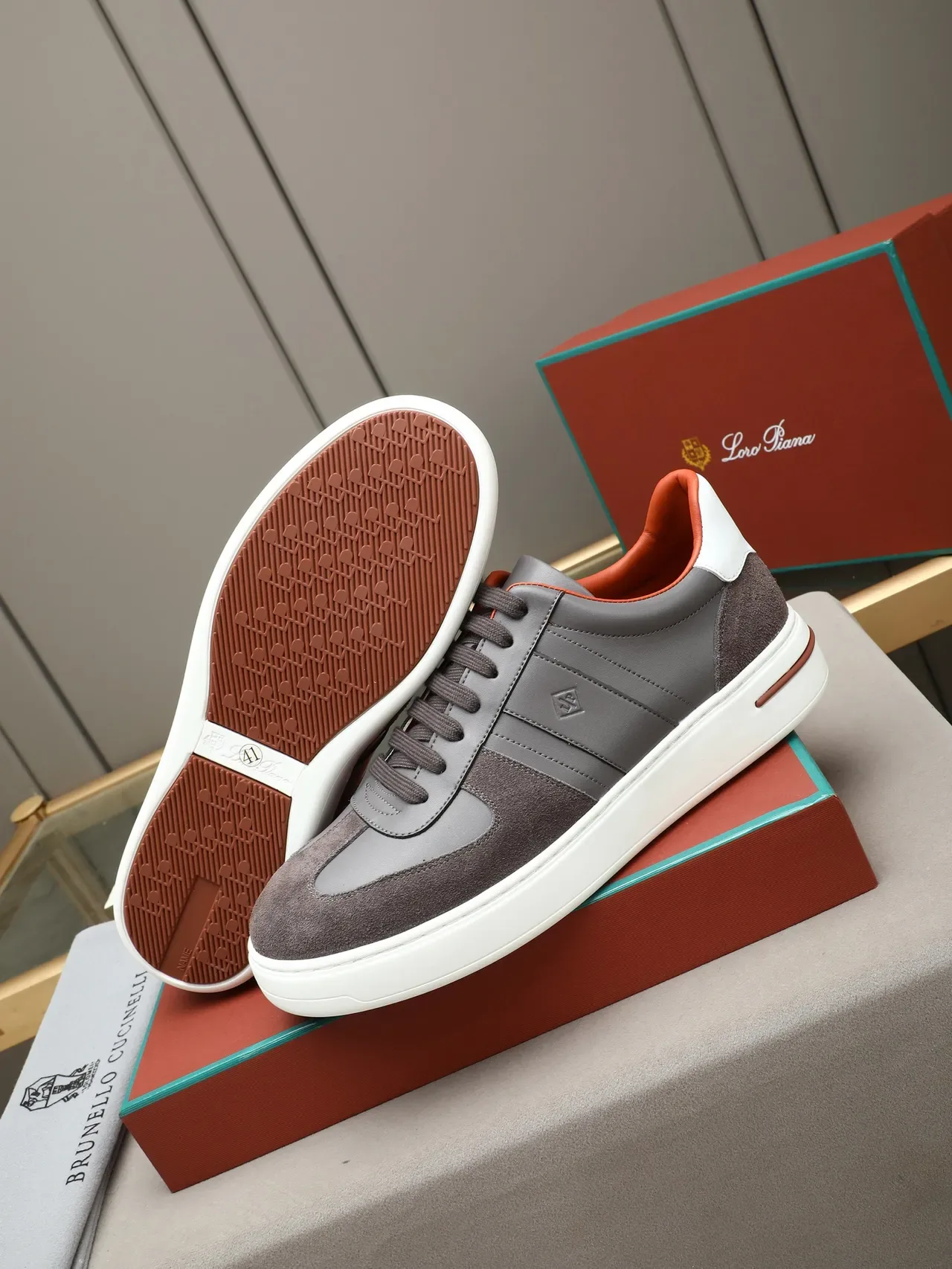 Gray and White Suede Leather Platform Sneaker 4