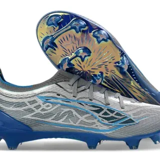 Gray Blue Textured Knit Upper Structural Overlays Firm-Ground Soccer Shoes