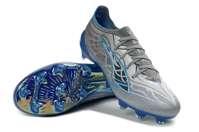 Gray Blue Textured Knit Upper Structural Overlays Firm-Ground Soccer Shoes 4