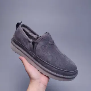Gray Suede Shearling-Lined Slip-On Loafers