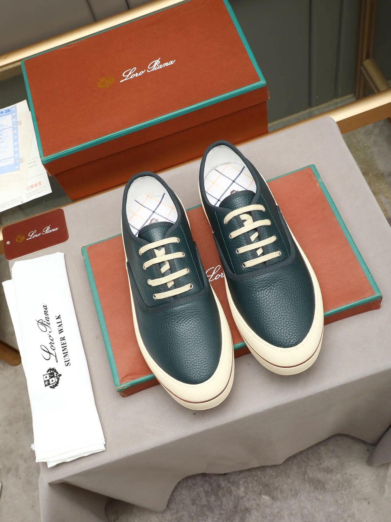 Green Beige Pebbled Leather Upper Contrast Stitching Boat Shoes 3