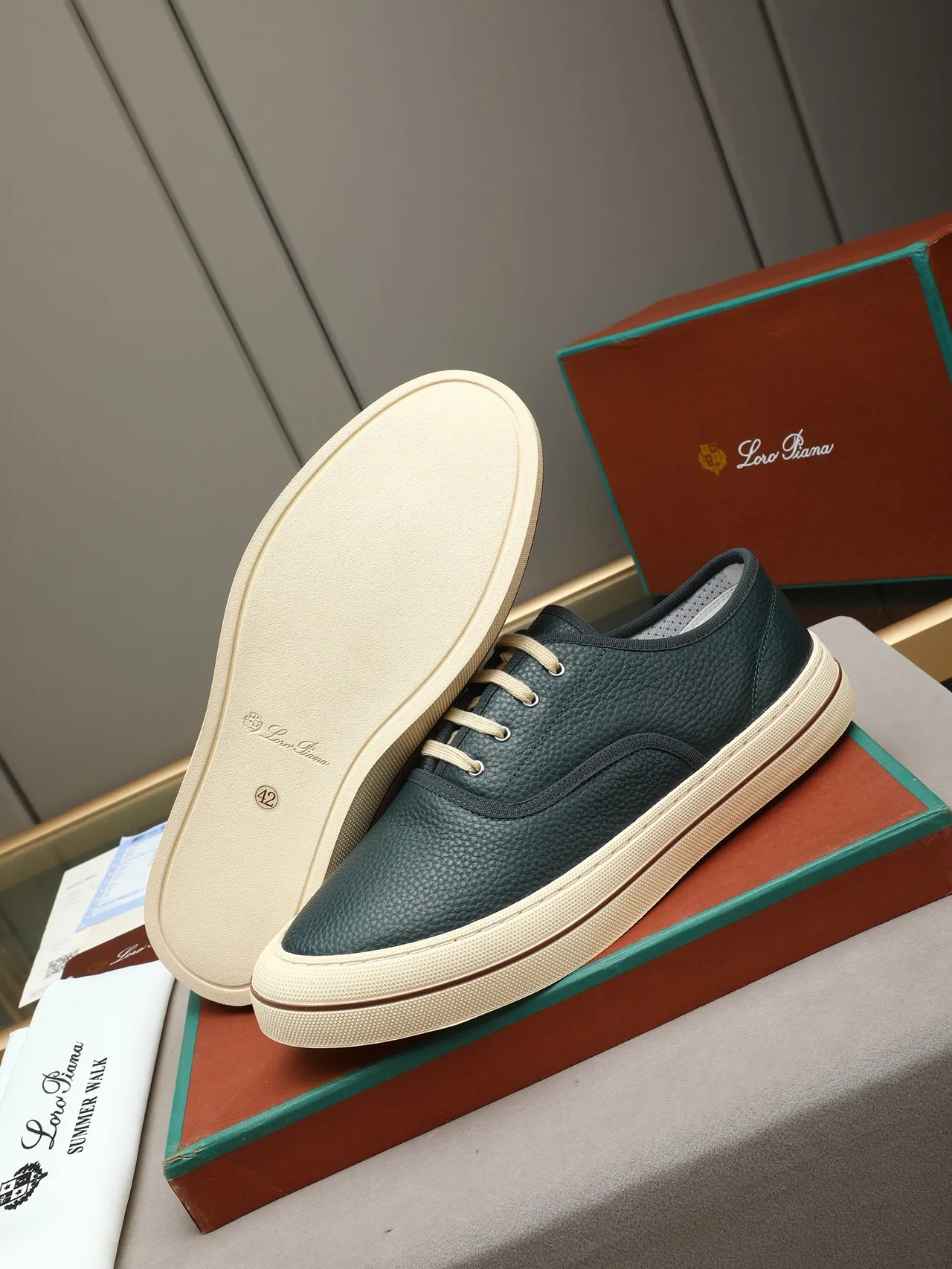 Green Beige Pebbled Leather Upper Contrast Stitching Boat Shoes 5