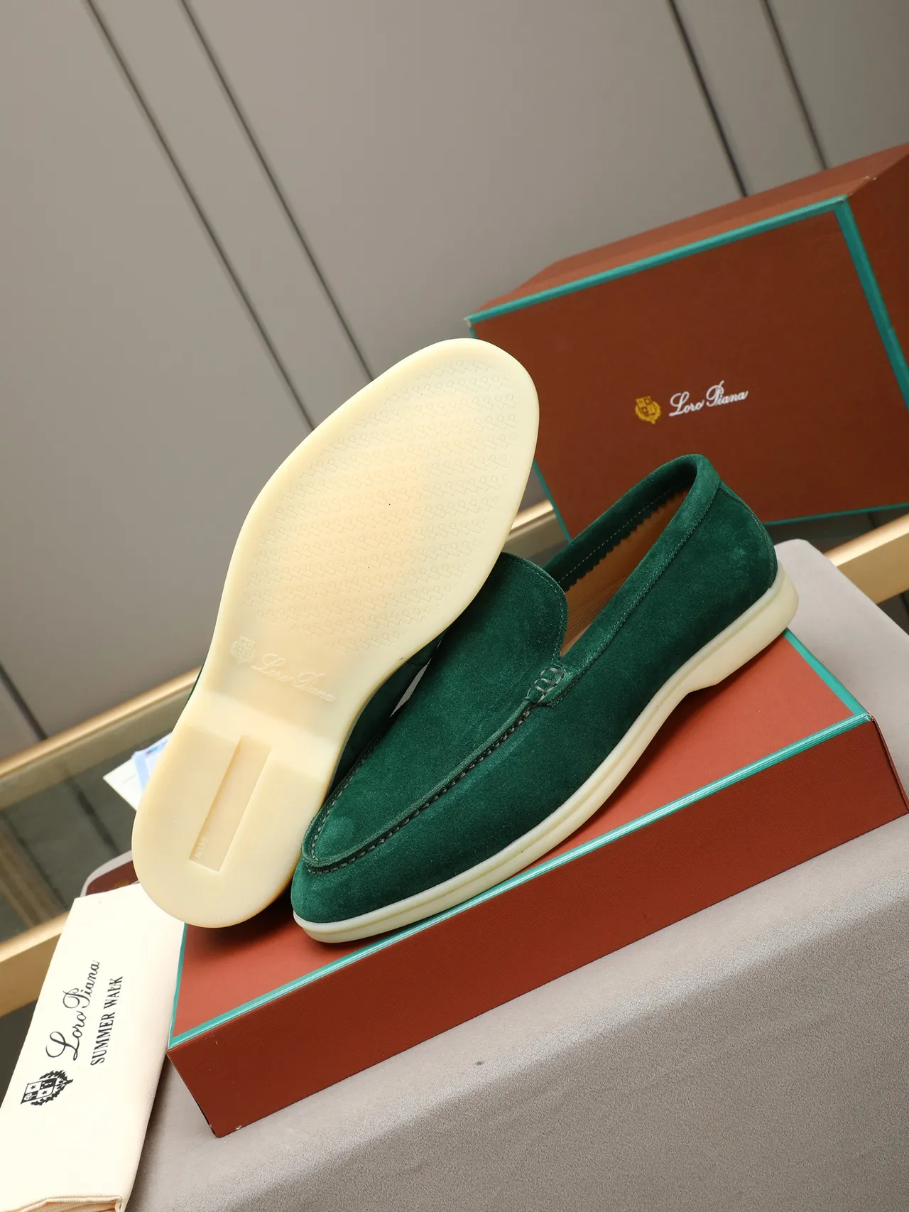 Green Beige Suede Upper Moc-Toe Detail Loafer 4