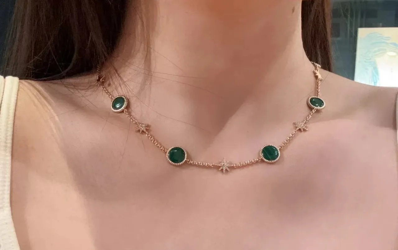 Green Gold Chain Cabochon Stones Necklace 4