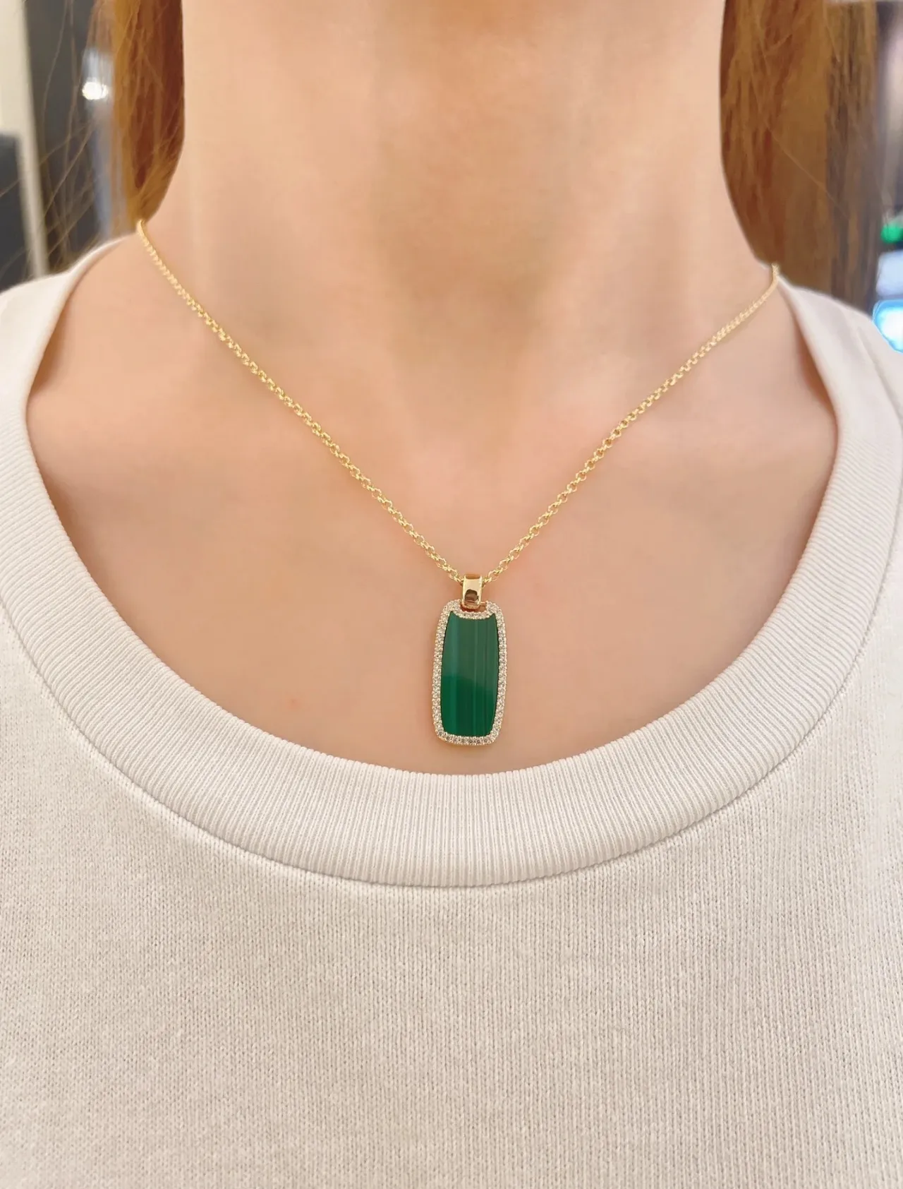 Green Gold Rectangular Stone Pendant Pavé-Set White Stones Border Necklace 3