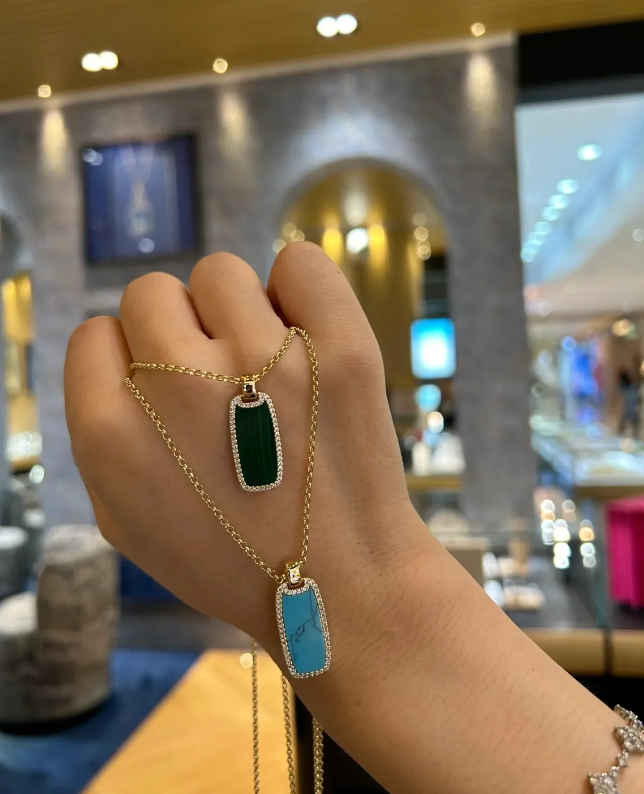 Green Gold Rectangular Stone Pendant Pavé-Set White Stones Border Necklace 5