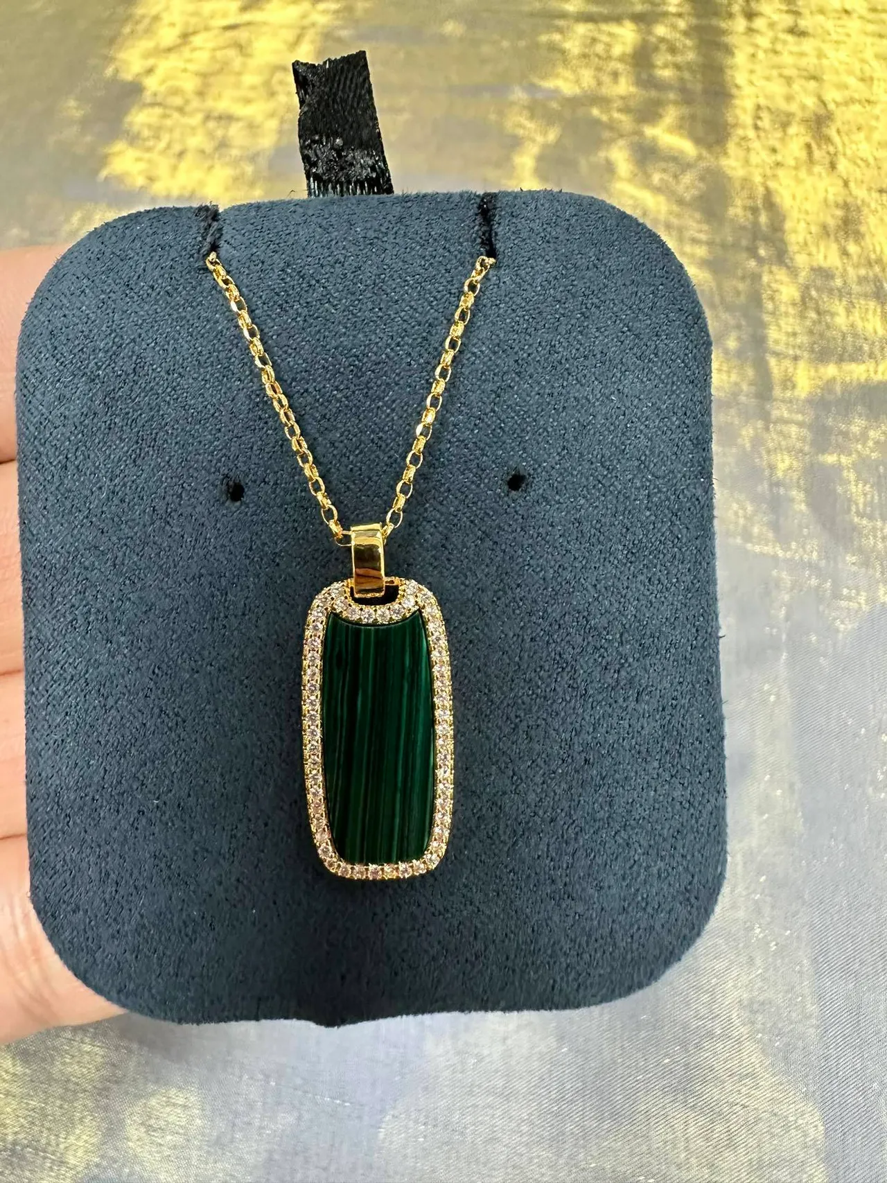 Green Gold Rectangular Stone Pendant Pavé-Set White Stones Border Necklace 7