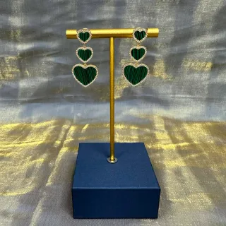 Green Gold Triple-Heart Drop Malachite-Effect Stone Earrings