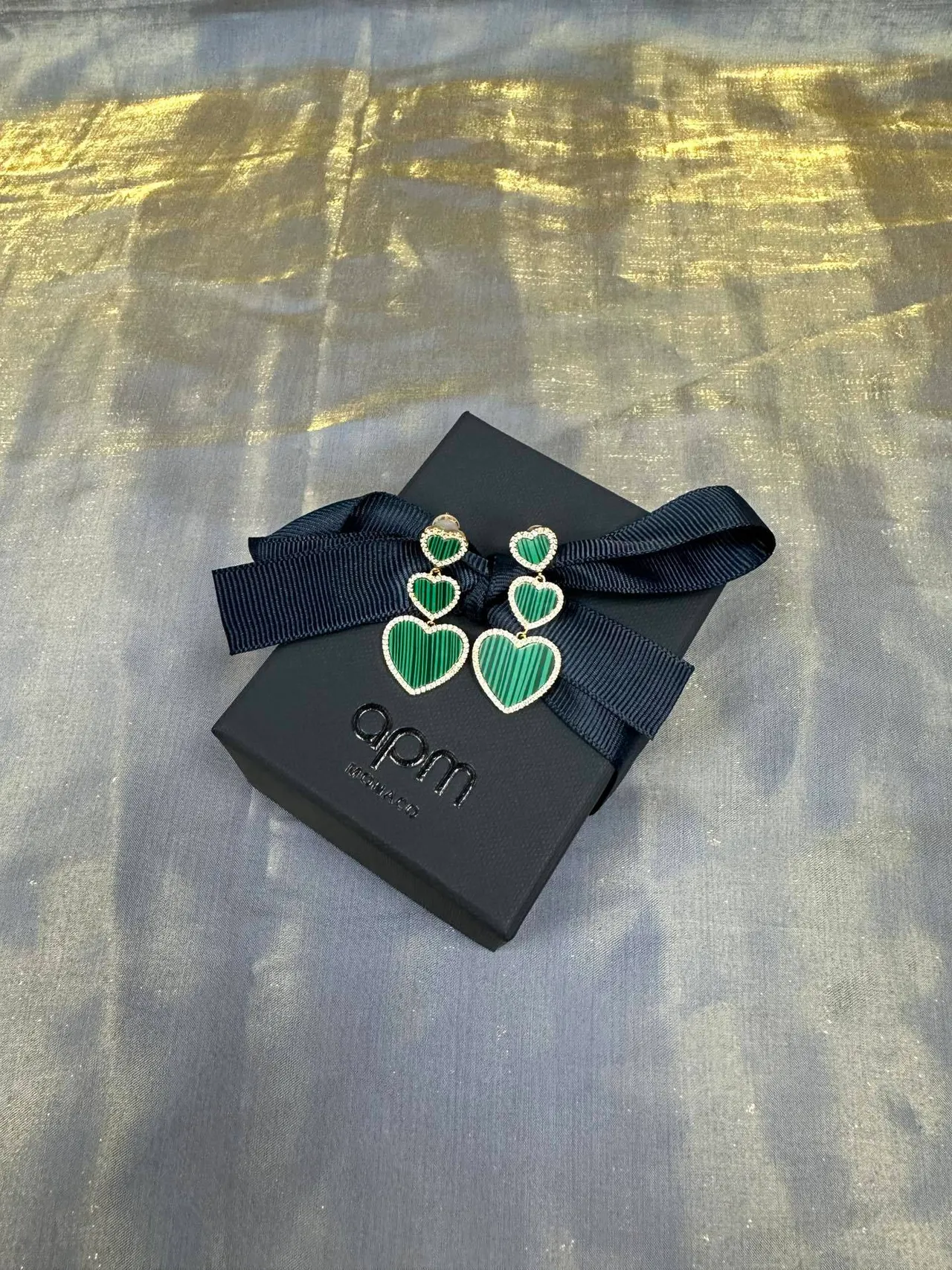 Green Gold Triple-Heart Drop Malachite-Effect Stone Earrings 4