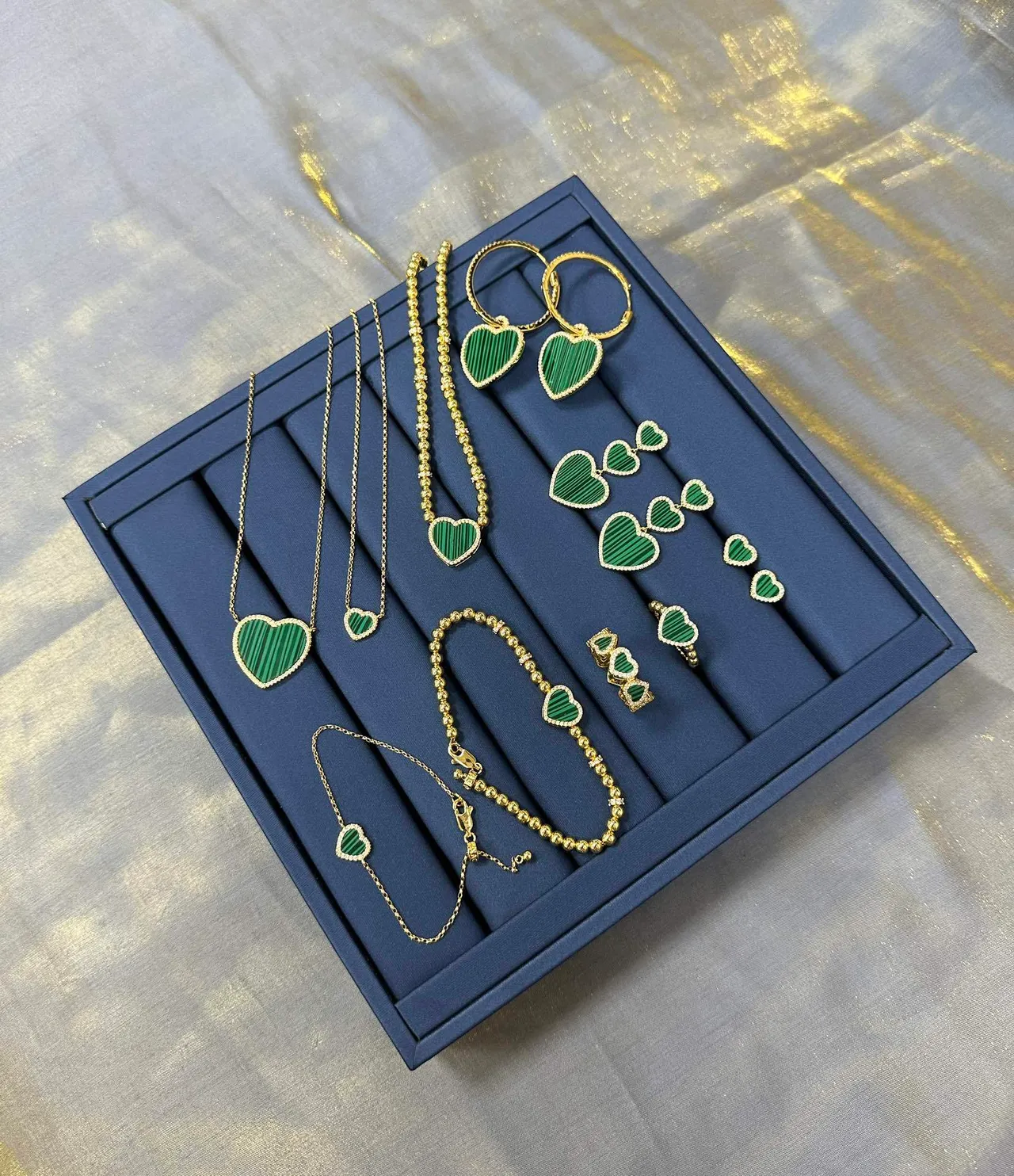 Green Gold Triple-Heart Drop Malachite-Effect Stone Earrings 6