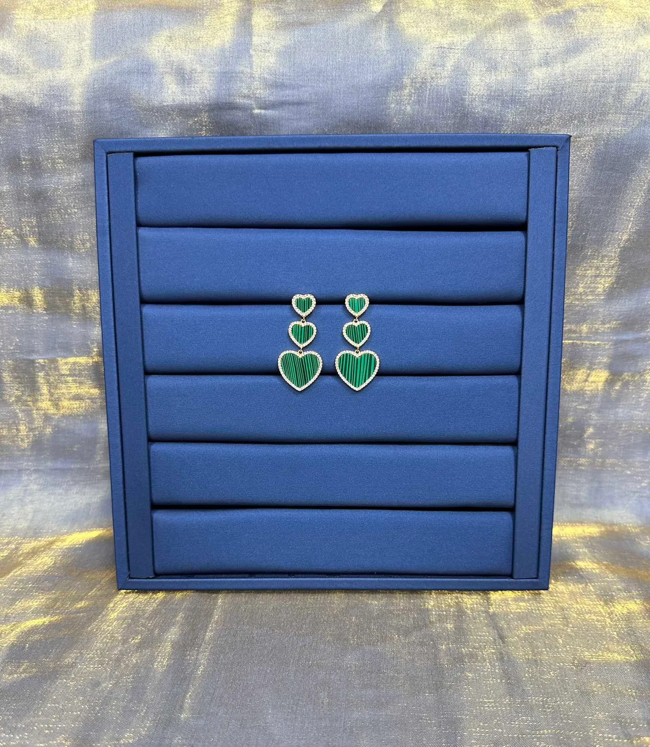 Green Gold Triple-Heart Drop Malachite-Effect Stone Earrings 7